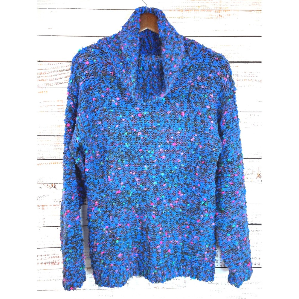 Vintage 80s Bright Blue Multi-Color Cowl Neck Pullover Sweater L Unique Dopamine - Picture 1 of 8
